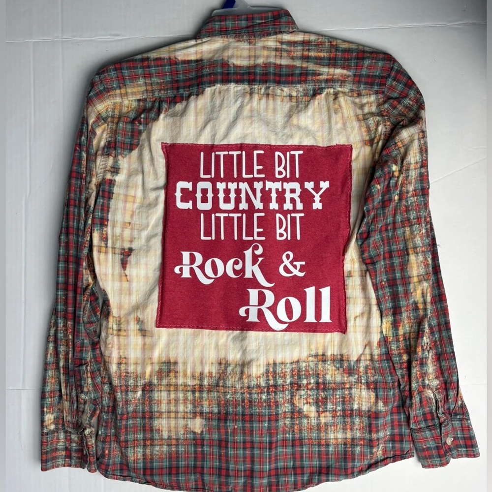 Upcycled Distressed Medium Plaid Shirt Little Bit Country Rock and Roll